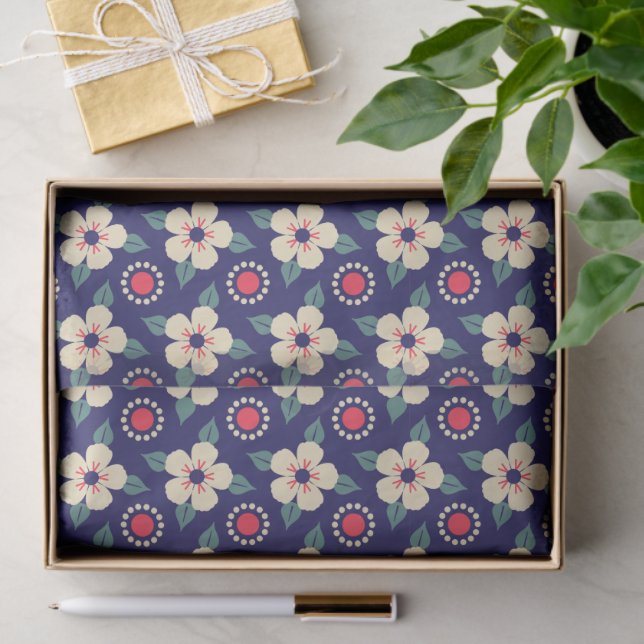 Elegant Navy Blue with Cream Flowers  Tissue Paper (Gift)