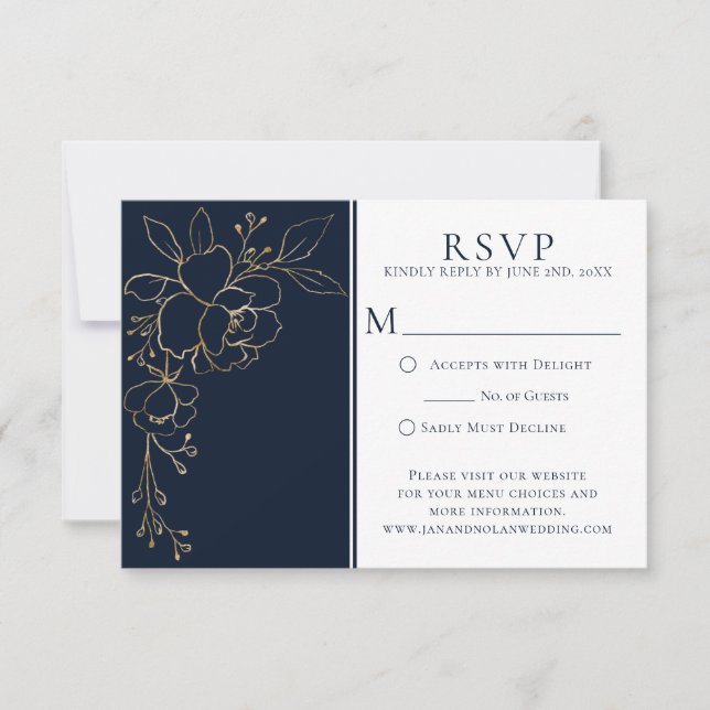 Elegant Navy Blue with Gold Sketched Roses Bouquet RSVP Card (Front)