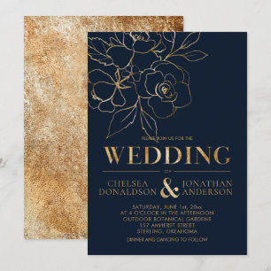 Elegant Navy Blue with Gold Sketched Roses Wedding Invitation