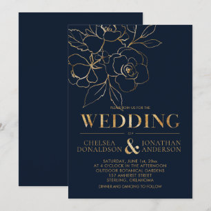 Elegant Navy Blue with Gold Sketched Roses Wedding Invitation