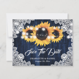 Elegant Navy Blue Wood Lace Sunflower Wedding Announcement