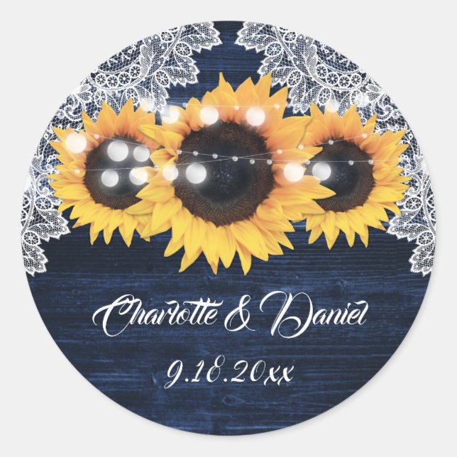 Elegant Navy Blue Wood Lace Sunflower Wedding Classic Round Sticker (Front)