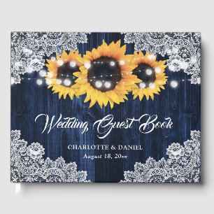 Elegant Navy Blue Wood Lace Sunflower Wedding Guest Book