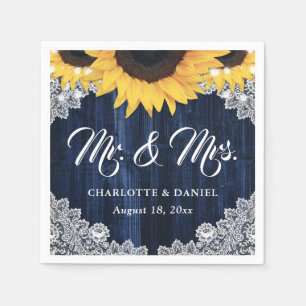 Elegant Navy Blue Wood Lace Sunflower Wedding Napkin