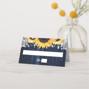 Elegant Navy Blue Wood Lace Sunflower Wedding Place Card