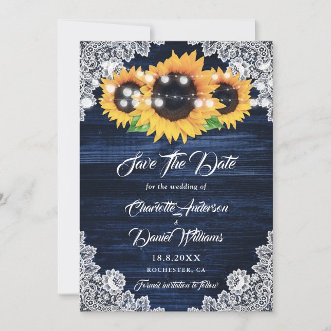 Elegant Navy Blue Wood Lace Sunflower Wedding Save The Date (Front)