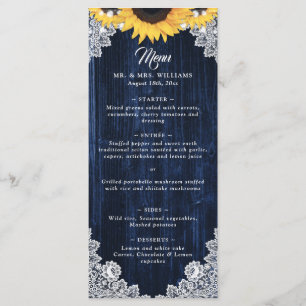 Elegant Navy Blue Wood Sunflower Lace Wedding Menu