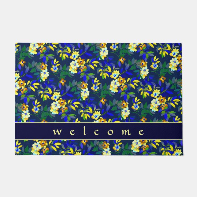 Elegant Navy Blue & Yellow Floral | Welcome Doormat (Front)
