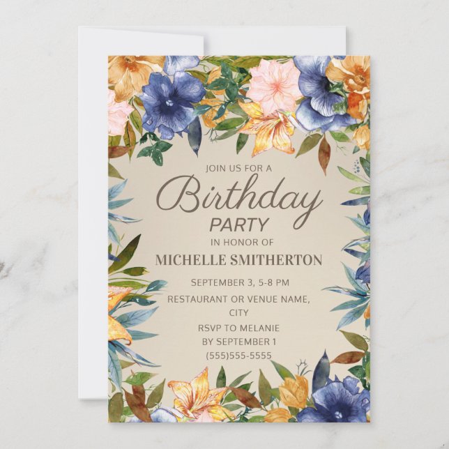 Elegant Navy Blue Yellow Floral Women's Birthday  Invitation (Front)