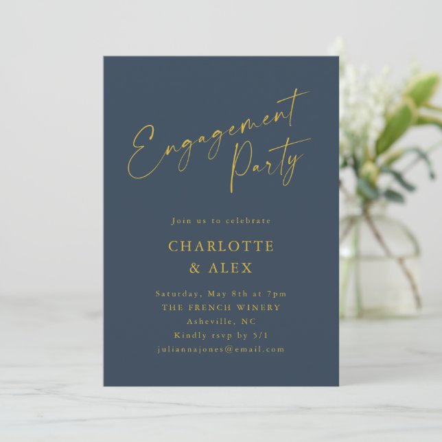 Elegant Navy Blue Yellow Gold Engagement Party Invitation (Standing Front)