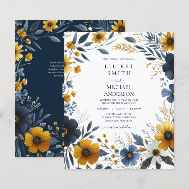 Elegant Navy Blue Yellow Gold Floral Wedding (Front/Back)