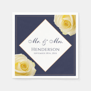 Elegant Navy Blue Yellow Rose Floral Wedding Party Napkin