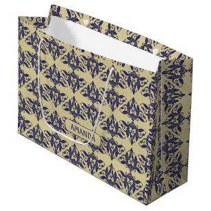 Elegant Navy Blue Yellow Vintage Damask Monogram Large Gift Bag