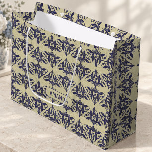 Elegant Navy Blue Yellow Vintage Damask Monogram Large Gift Bag