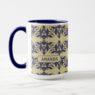 Elegant Navy Blue Yellow Vintage Damask Monogram Mug