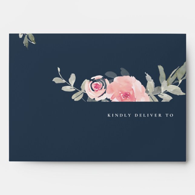 ELEGANT NAVY BLUSH BURGUNDY ROSE FLORAL ADDRESS ENVELOPE (Front)