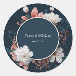 Elegant Navy & Blush Floral Round Wedding Sticker