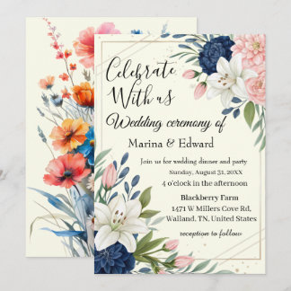 Elegant Navy Blush Floral Wedding Invitation