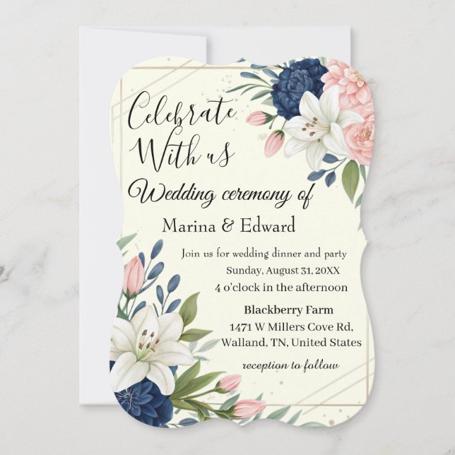 Elegant Navy Blush Floral Wedding Invitation (Front)