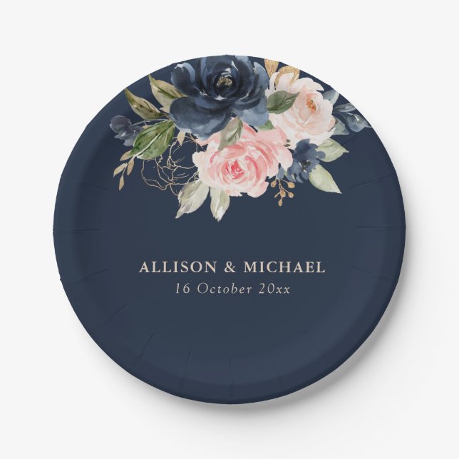 Elegant navy & blush floral wedding paper plate (Front)