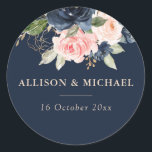 Elegant navy & blush floral wedding sticker<br><div class="desc">This design features beautiful navy and blush flowers and an Elegant navy background with lovely script text that can be personalised.</div>