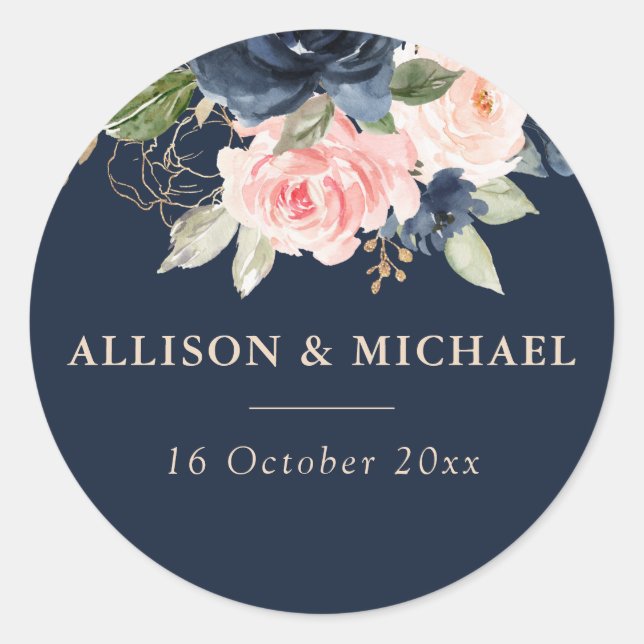 Elegant navy & blush floral wedding sticker (Front)