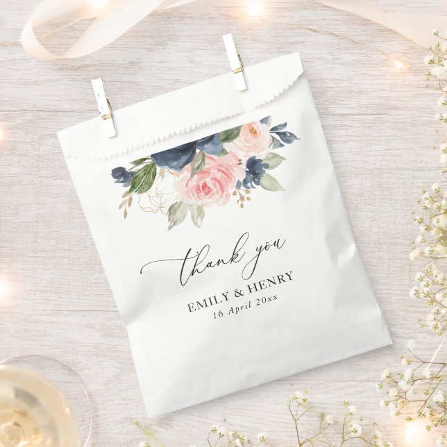 Elegant navy blush floral wedding thank you favour bags (Clipped)