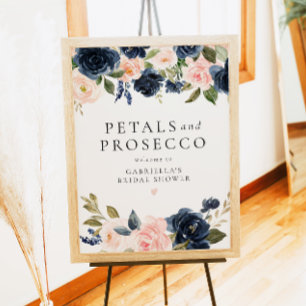 Elegant Navy Blush Petals & Prosecco Bridal Shower Poster