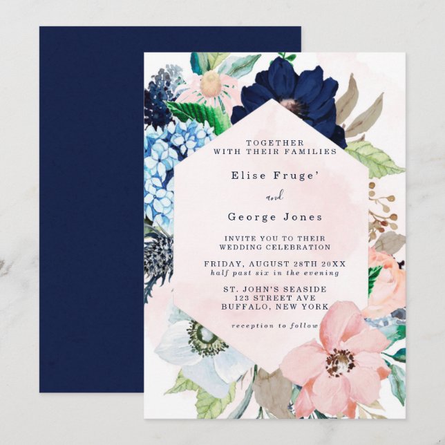 Elegant Navy Blush Pink Chic Floral Wedding Invitation (Front/Back)