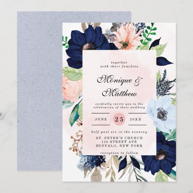 Elegant Navy Blush Pink Florals Wedding Invitation (Front/Back)
