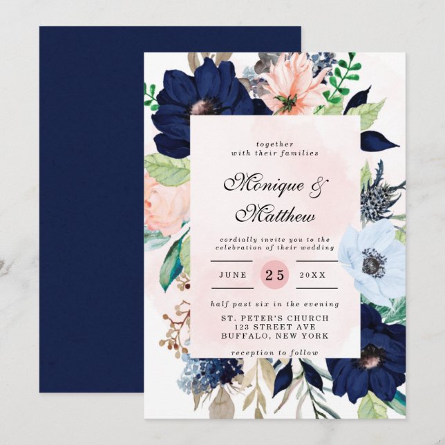 Elegant Navy Blush Pink Florals Wedding Invitation (Front/Back)