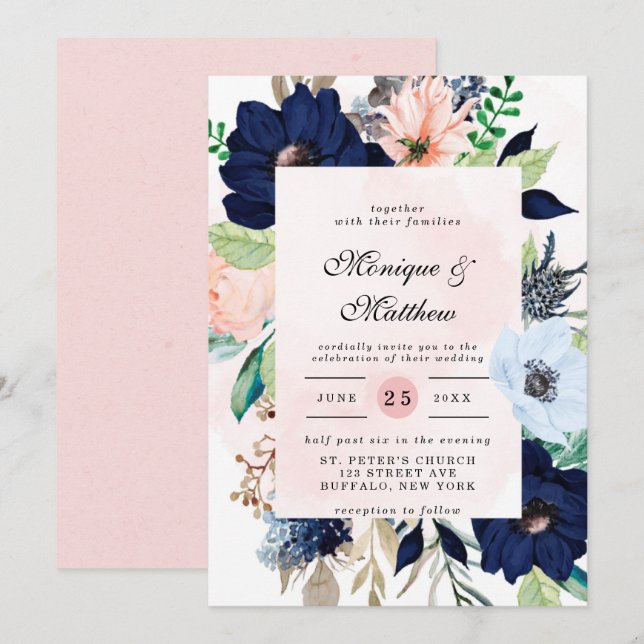 Elegant Navy Blush Pink Florals Wedding Invitation (Front/Back)
