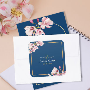 Elegant Navy Blush Pink Magnolia Floral Wedding Square Sticker