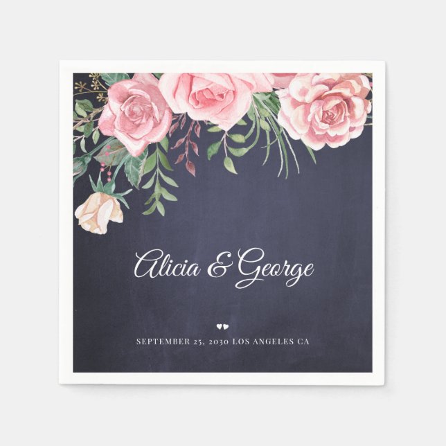 Elegant navy blush pink watercolor floral wedding napkin (Front)
