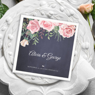 Elegant navy blush pink watercolor floral wedding napkin