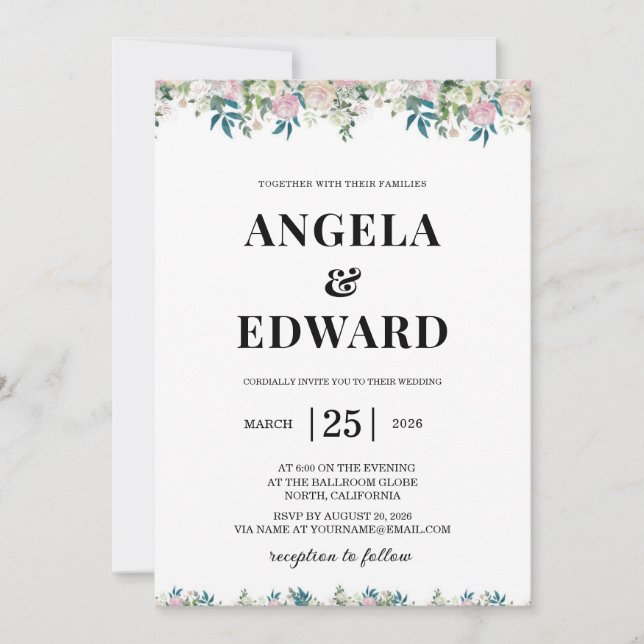 Elegant Navy Blush Pink Wedding Invitation (Front)