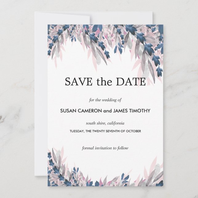 Elegant Navy Blush watercolor floral Save the Date (Front)