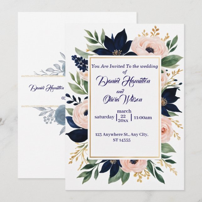 Elegant Navy & Blush Wedding Celebration Invitation (Front/Back)