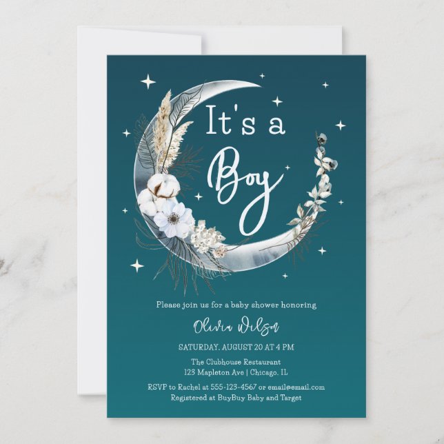 Elegant Navy Boho Pampas Grass Moon Baby Shower  Invitation (Front)