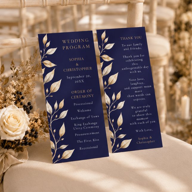 Elegant Navy Botanical Border Wedding Program (Creator Uploaded)