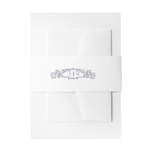Elegant Navy botanical crest monogram wedding Invitation Belly Band