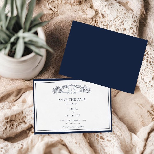 Elegant Navy botanical crest monogram wedding Save The Date (Creator Uploaded)
