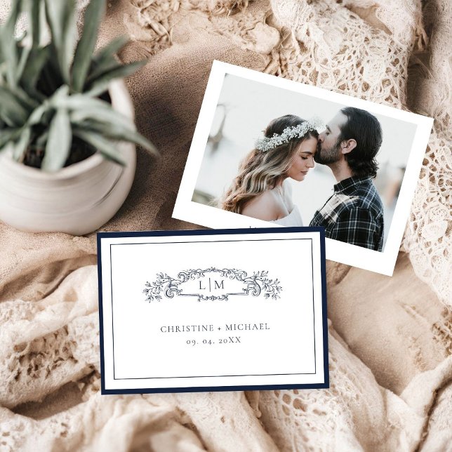 Elegant Navy botanical crest monogram wedding Save The Date (Creator Uploaded)