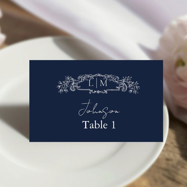 Elegant Navy botanical crest Wedding  Place Card (Creator Uploaded)