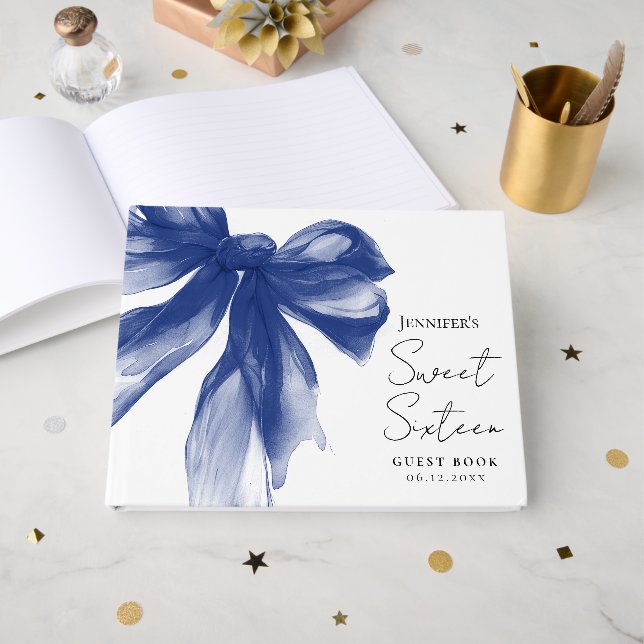 Elegant Navy Bow Coquette Script Sweet 16  Guest Book (Front Open)