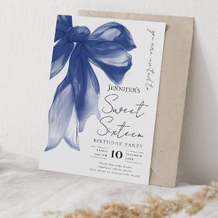 Elegant Navy Bow Coquette Script Sweet 16 Party Invitation