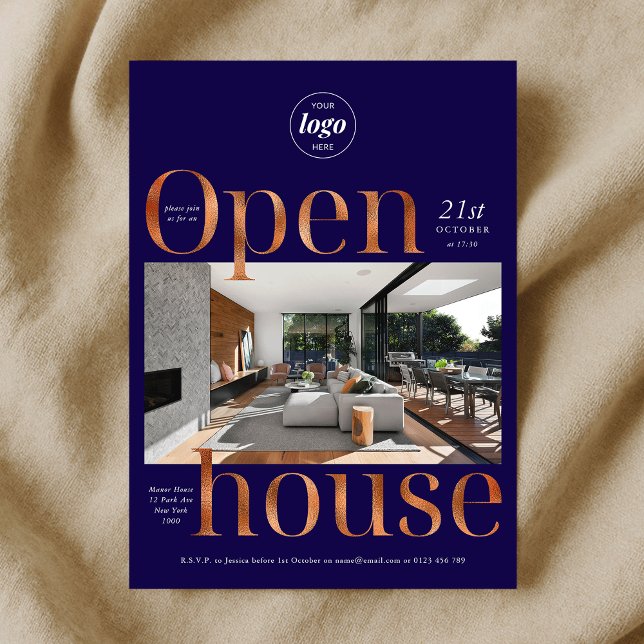 Elegant Navy Bronze Business Open House One Photo Invitation (Elegant Navy Bronze Business Open House One Photo Invitation)