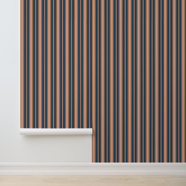 Elegant Navy Brown Pink Ticking Stripe Wallpaper (Application)
