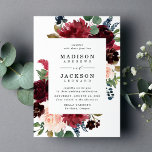 Elegant Navy Burgundy Blush Floral Wedding Invitation<br><div class="desc">Our Enchanted Floral wedding invitation displays your wedding details surrounded by an elegant floral frame of burgundy,  blush pink,  and navy blue watercolor flowers and lush green foliage. The stylish botanical wedding invitations are perfect for garden weddings.</div>