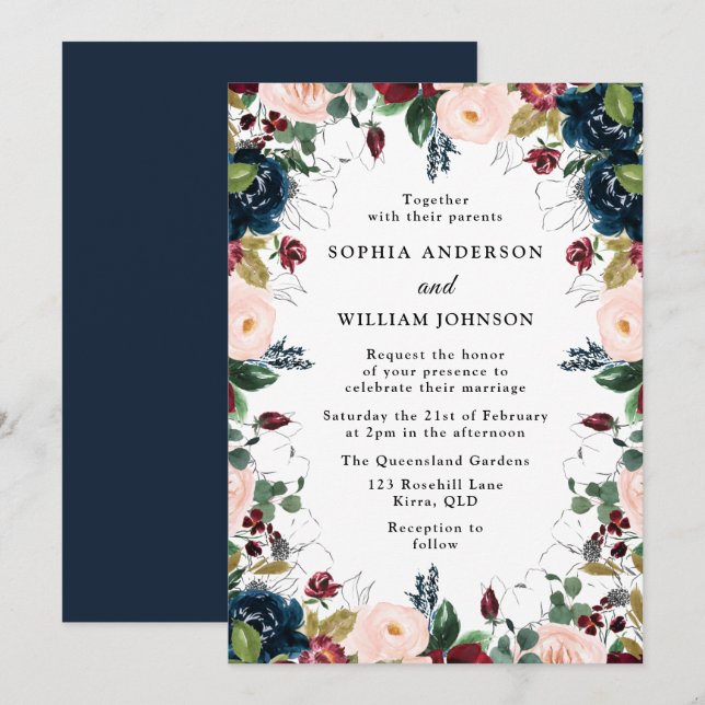 Elegant Navy Burgundy Blush Floral Wreath Wedding Invitation (Front/Back)